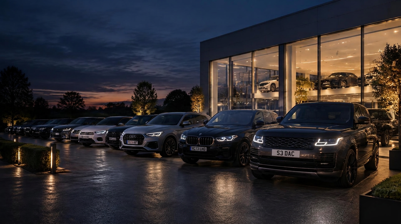 Premium used cars on a UK dealership forecourt at dusk