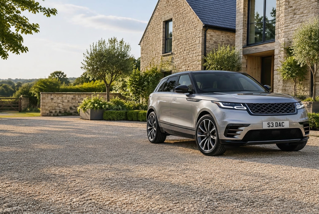 Silver SUV on a landscaped driveway