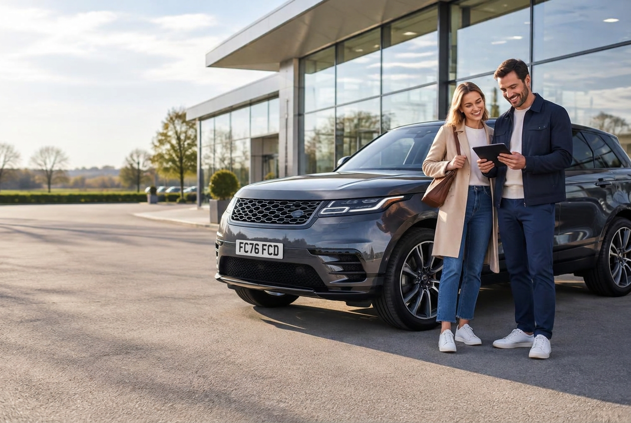 Couple checking a tablet beside a car at a dealership